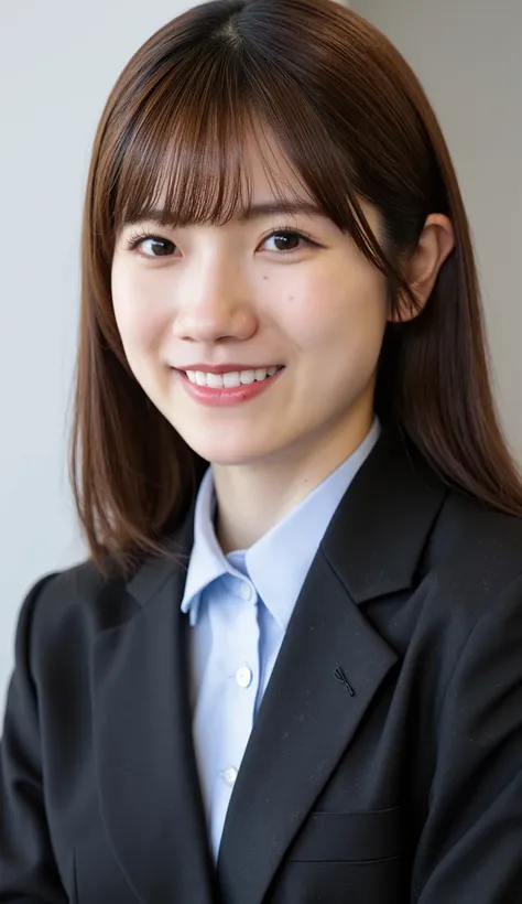 Neat Young Woman、and look at the camera、office lady suit、jacket、shirt、necklace、、ear piercing、、Has bangs、smile showing teeth、薄い茶髪、Bust Up Shot、background is office
