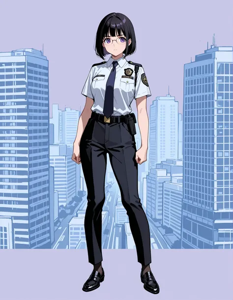 score_9,score_8_up,score_7_up, medium breasts, solo, (jet black hair, short hair, bob hair, tareme, purple eyes, bangs), (serious expression), (full body), city backdrop, tokyo city backdrop, solo, standing, japanese police uniform, glasses, (white shirt),...