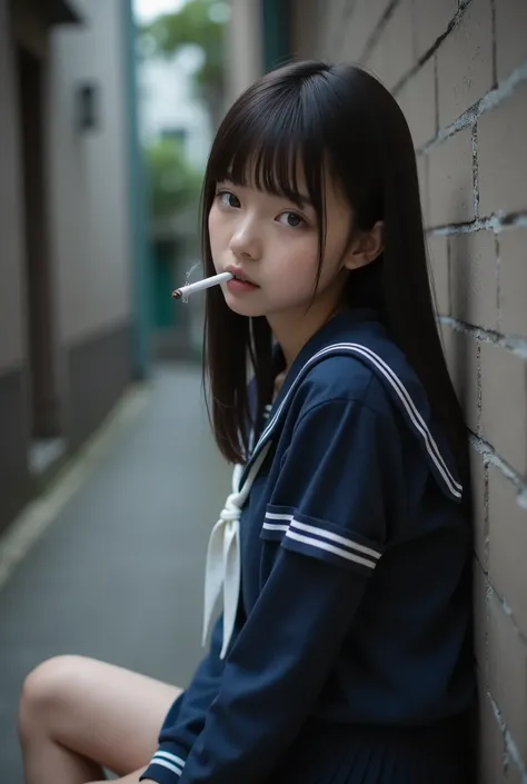 (8k), (best quality), RAW photo, (photo realistic:1.4), very detailed, Very Cute Japanese Girls, (very thin), (Profile of a very short high school girl), ((Straight Long Hair)) , looking at viewer, Dark Blue Sailor Suit,dark blue skirt, holding a cigarette...