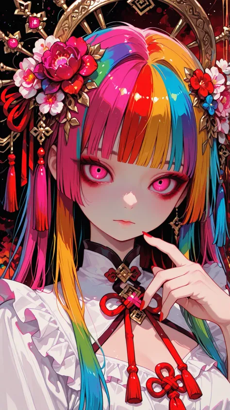Woman, solo, red nails, stares at viewers, Bang, pink eyes, long hair, hair ornament, hand up, Flower, blunt Bang, closed mouth, Tassel, ribbon, portrait, colorful, red background, frills, multi colored hair, upper body,((colorful)),((horror))