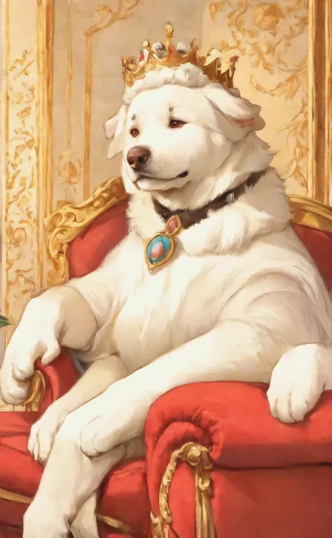 Great Pyrenees wearing a crown sitting on the couch, royal portrait painting , Dog in aristocrat costume,,beautiful animal Pearl Queen, Masterpiece Portrait,