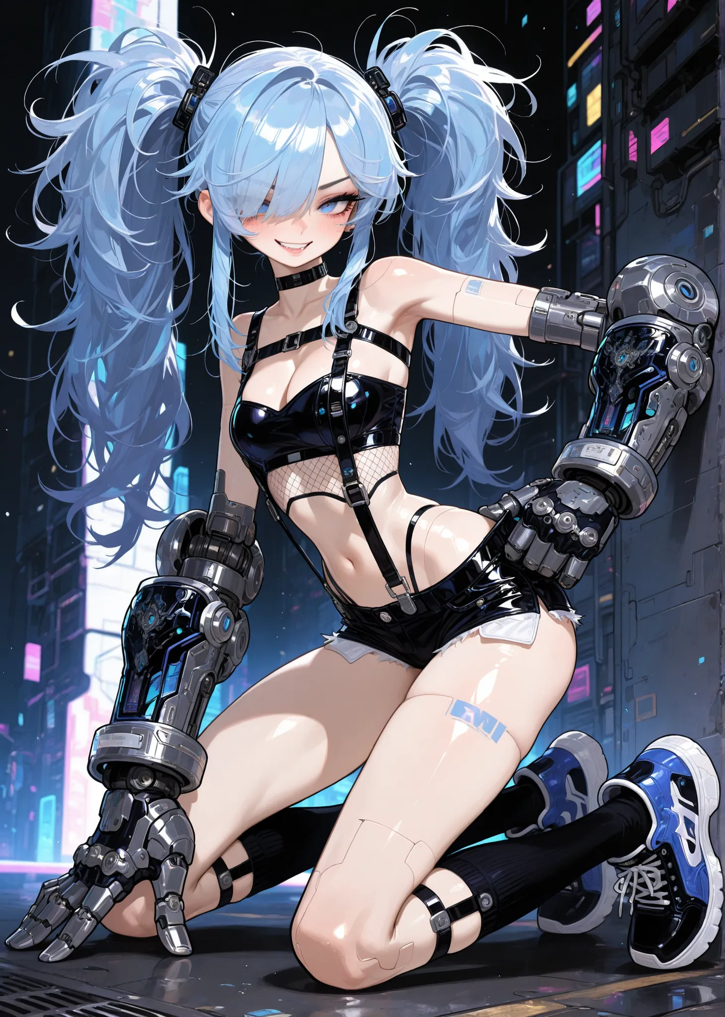 (adpx:1.2), (masterpiece:1.35), (very aesthetic, best quality:1.3), highly detailed, dark environment, backlit, absurdres, hyperdetailed, addmicrodetails, flat anime artstyle, (no lineart), detailed shading and shadows, solo, intricate design, cyborg, mech...
