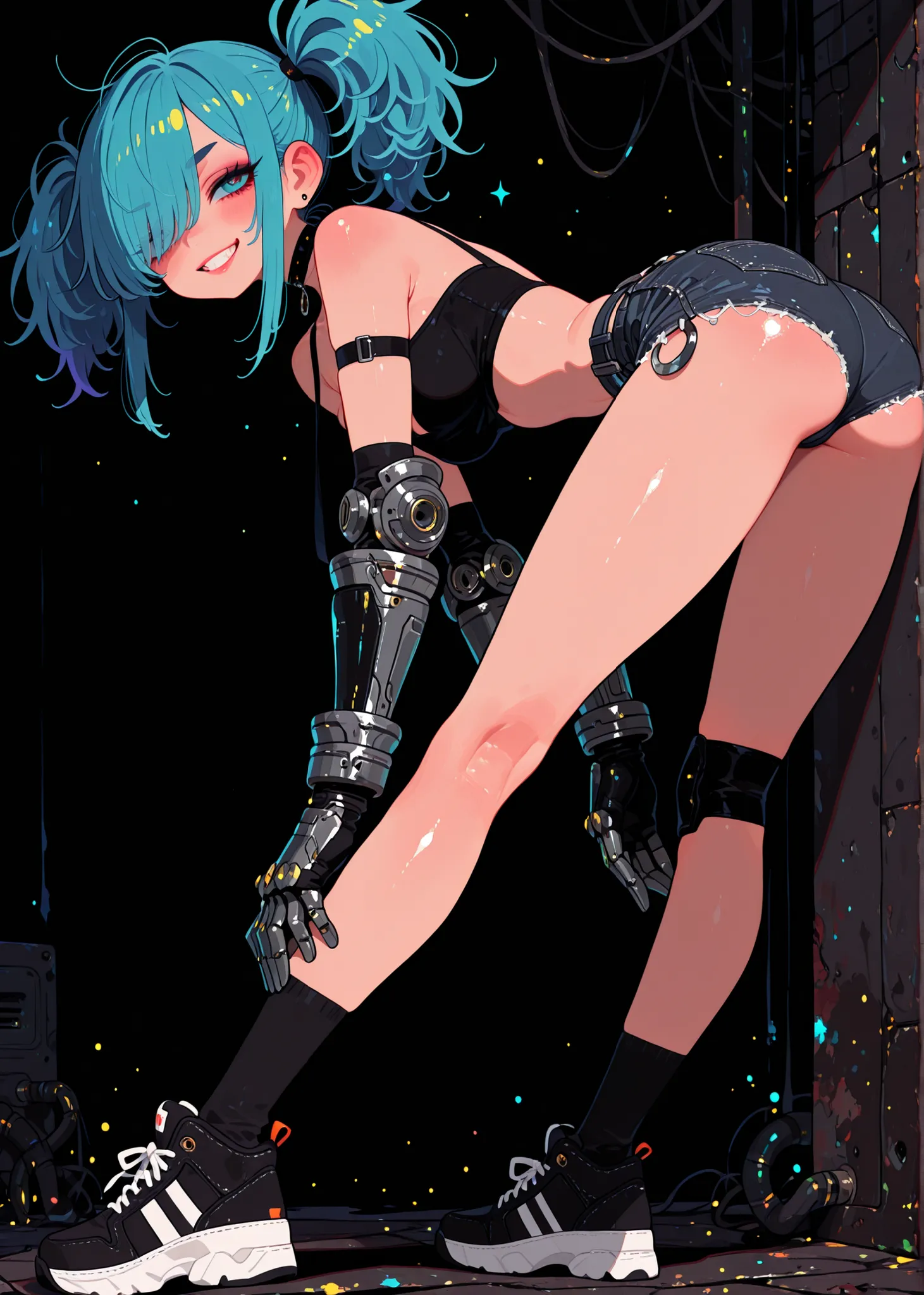 (adpx:1.2), (masterpiece:1.35), (very aesthetic, best quality:1.3), highly detailed, dark environment, backlit, absurdres, hyperdetailed, addmicrodetails, flat anime artstyle, (no lineart), detailed shading and shadows, solo, intricate design, cyborg, mech...