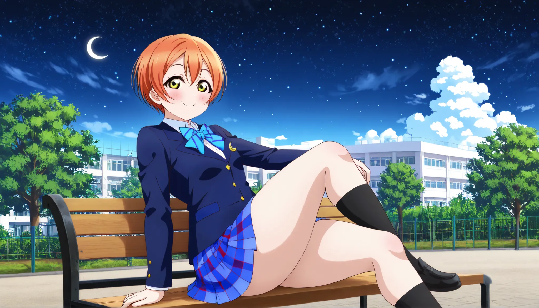 1girl, hoshizora rin, striped, short hair, blush, otonokizaka school uniform, lovelive_rin black blazer, blue plaid skirt, blue stripe bowtie, orange hair, very short hair, hair between eyes, yellow green eyes,smile,thick thighs,knee up,crescent moon, star...