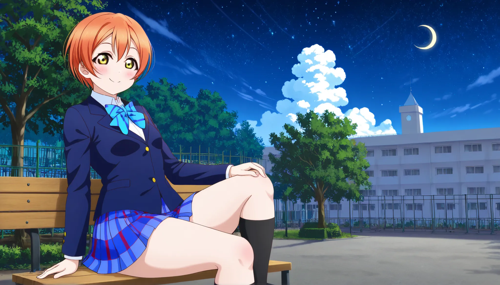 1girl, hoshizora rin, striped, short hair, blush, otonokizaka school uniform, lovelive_rin black blazer, blue plaid skirt, blue stripe bowtie, orange hair, very short hair, hair between eyes, yellow green eyes,smile,thick thighs,knee up,crescent moon, star...