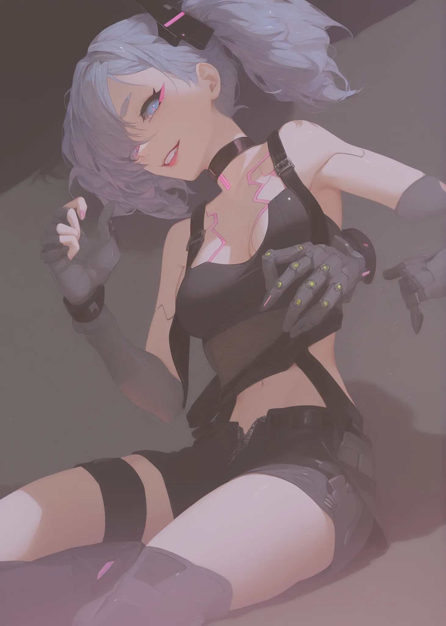 (adpx:1.2), (masterpiece:1.35), (very aesthetic, best quality:1.3), highly detailed, dark environment, backlit, absurdres, hyperdetailed, addmicrodetails, flat anime artstyle, (no lineart), detailed shading and shadows, solo, intricate design, cyborg, mech...