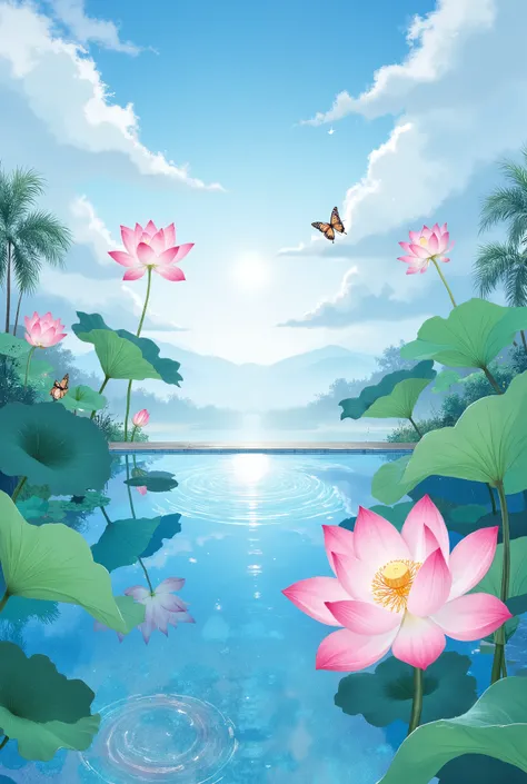 lotusมีbutterfliesเกาะอยู่, lotus, butterflies, ล่องลอยอยู่ใกล้lotus, Lotus leaves, Swimming pool, Lake view , blue sky, , the sun shines down, natural scenery, of bright colors, oil painting, Impressive Picture, high-resolution studio photos, Premium Qual...
