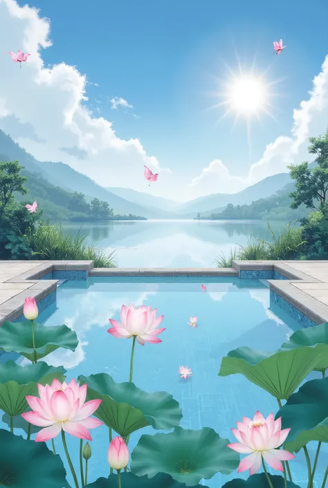lotusมีbutterfliesเกาะอยู่, lotus, butterflies, ล่องลอยอยู่ใกล้lotus, Lotus leaves, Swimming pool, Lake view , blue sky, , the sun shines down, natural scenery, of bright colors, oil painting, Impressive Picture, high-resolution studio photos, Premium Qual...