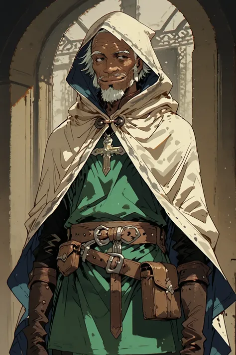 Solo; 1 man, mature man, old man, African skin, wears a hooded cloak that drapes over a rugged tunic, giving off a medieval or fantasy vibe, straps and belts wrap around the waist, securing a pouch at their side. The chest area of the garment is notably wo...