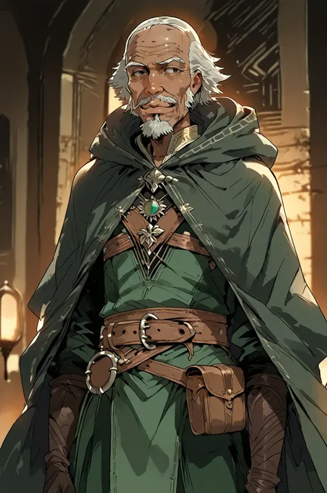 Solo; 1 man, mature man, old man, African skin, wears a hooded cloak that drapes over a rugged tunic, giving off a medieval or fantasy vibe, straps and belts wrap around the waist, securing a pouch at their side. The chest area of the garment is notably wo...
