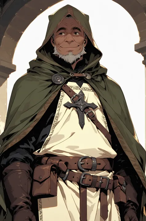 Solo; 1 man, mature man, old man, African skin, wears a hooded cloak that drapes over a rugged tunic, giving off a medieval or fantasy vibe, straps and belts wrap around the waist, securing a pouch at their side. The chest area of the garment is notably wo...