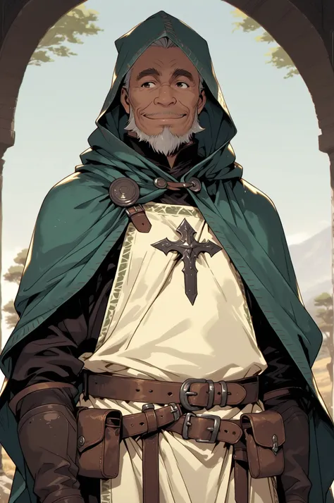 Solo; 1 man, mature man, old man, African skin, wears a hooded cloak that drapes over a rugged tunic, giving off a medieval or fantasy vibe, straps and belts wrap around the waist, securing a pouch at their side. The chest area of the garment is notably wo...