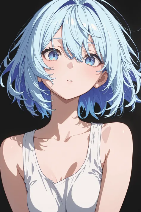 masterpiece, best quality, amazing quality, newest, very aesthetic, 1girl, blue hair, white shirt, tank top, looking at viewer, simple background, black background, absurdres, highres