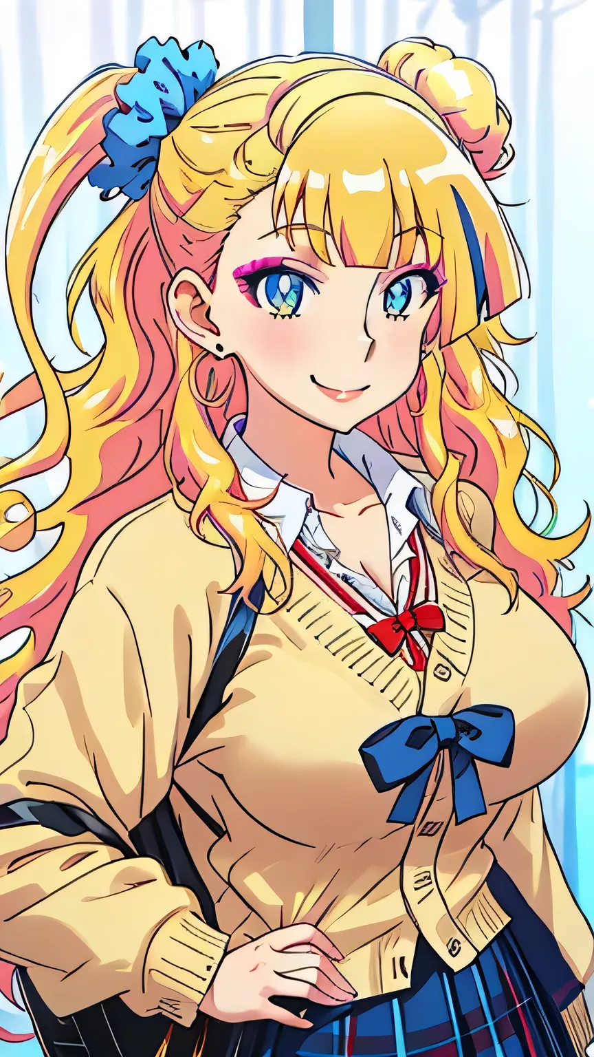  girl１people, galko, Galko, blonde cardigan, blake blue skirt, plaid, plaid skirt, smile, big breasts, natural lip, skin luster, looking at the viewer, in the center of the image, Show up to your knees,１people,
highest quality, High resolution, beautiful e...
