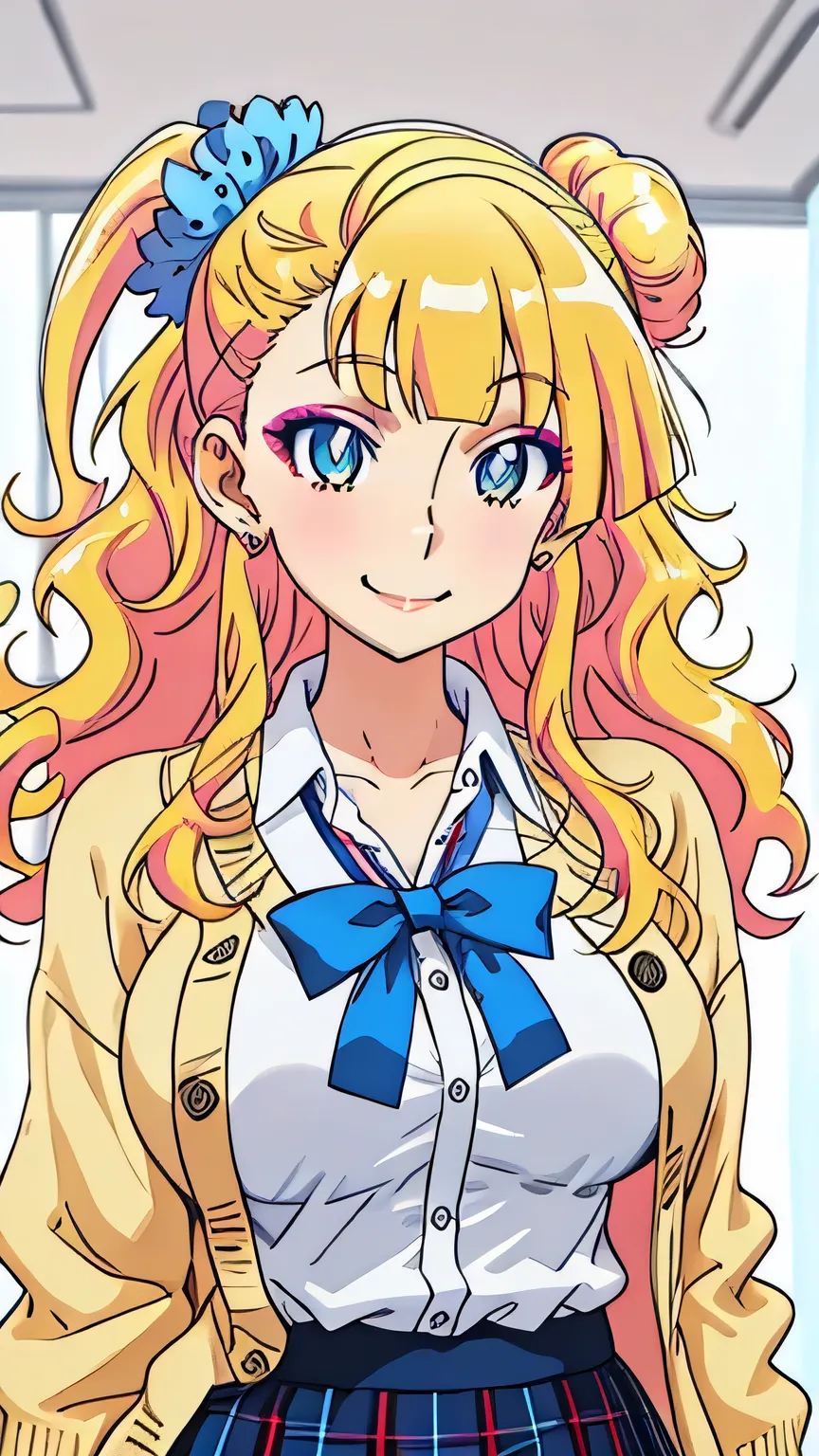  girl１people, galko, Galko, blonde cardigan, blake blue skirt, plaid, plaid skirt, smile, big breasts, skin luster, Show up to your knees,１people,
highest quality, High resolution, beautiful eyes, detailed eyes, symmetrical eyes, beautiful makeup, perfect ...