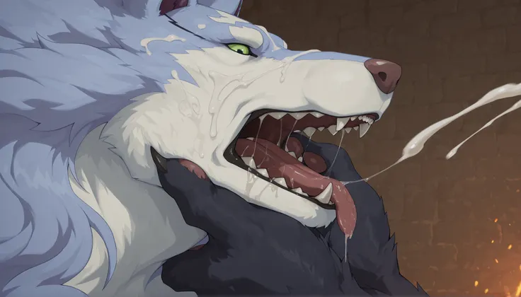 male, duo, solo focus, BREAK, anthro, fel, fenrir, head mark, sitting, Face shot, open mouth, tongue out, close up, cute, exessive cum, cum on snout, cum on head, side view, cumshot on face, saliva, saliva string, daddy, seductive, fluffy, green eyes, deta...
