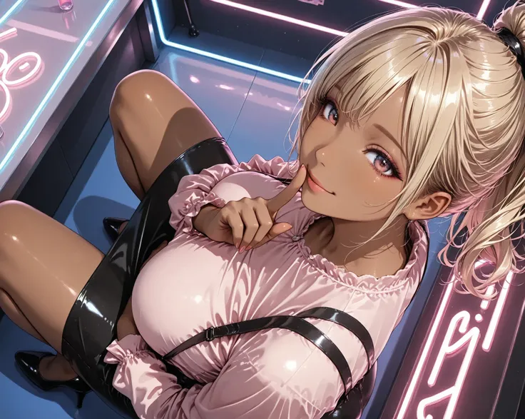 close up,side view,from above ,high ponytail,looking viewer,(curvy),blonde hair, pink shirt, black suspenders ,black tight skirt,high heels,dark skin,clear makeup,smile,((squatting)), put index finger on mouth ,in the bar,neon light