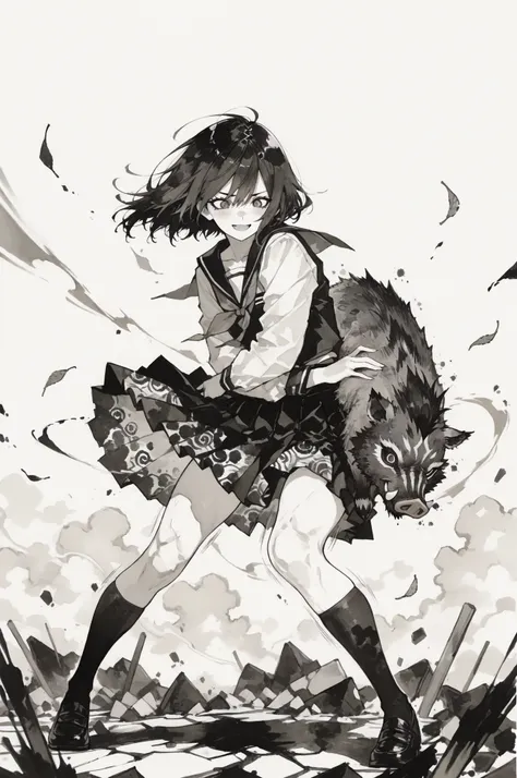 masterpiece, high quality, ultra-detailed 1 cute girl clinging to charging wild small boar, dynamic sumi-e style, petite girl, frightened yet excited expression, windswept hair, school uniform, flying skirt, massive wild boar, muscular build, fierce eyes, ...
