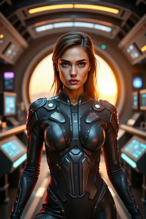 gorgeous woman (natal13m4r5), she's a men magazine model, fighting for her life in the far future, spaceships, mech armor, techno armor, scifi fantasy, (in sunset light:1.2), perfect eyes, perfect hands, perfect body, perfect hair, hair behind ear, UHD, re...