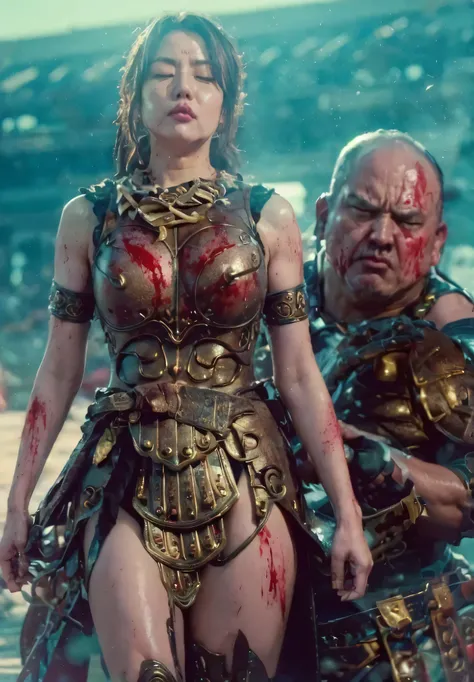 (8K Quality, 正面からのsuper high resolution品質 , super high resolution, Photorealistic, hyperreal, top quality):1.5, (masterpiece):1.4, (front camera angle):7.0 (reading caution prohibited, depiction of Brutal Violence battle, Bloody Brutal Violence , heter...