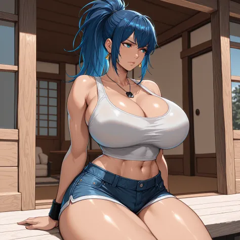 masterpiece,top quality,best quality,busty woman,solo,busty,huge breast,thick thighs,wide hips,tanktop, hotpants, front house, hot summer, sitting, dynamic angle, LNHDRNKOF, blue hair, long hair, gold earrings, ponytail, dog tags, navel, 