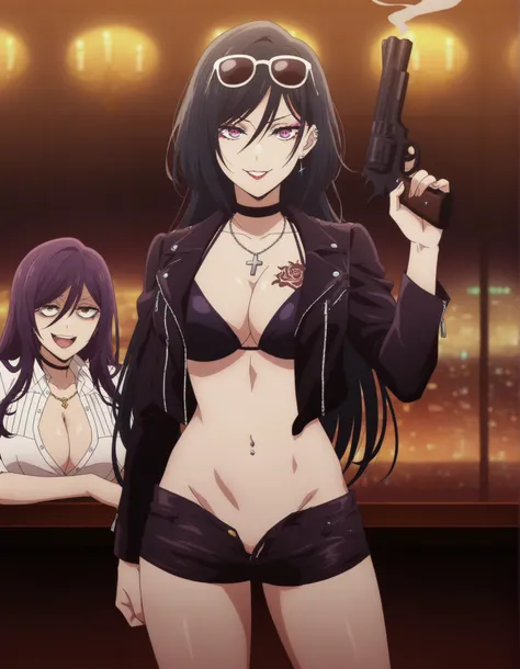 anime screencap, anime screenshot,  eyeliner,, 2girl, two girls, , long hair, [[[tattoo]]], earrings, breast tattoo, waist tattoo, girls, black hair, , purple hair,,, makeup, parted lips, smoking, purple hair, choker, high quality, best quality, great qual...