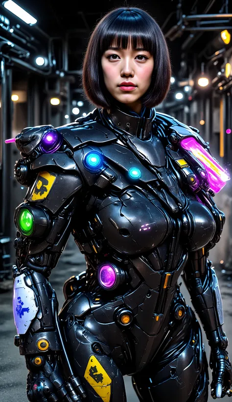 ((Cyborg female warrior wearing a black leather suit))、Bob Cut Shorthair、