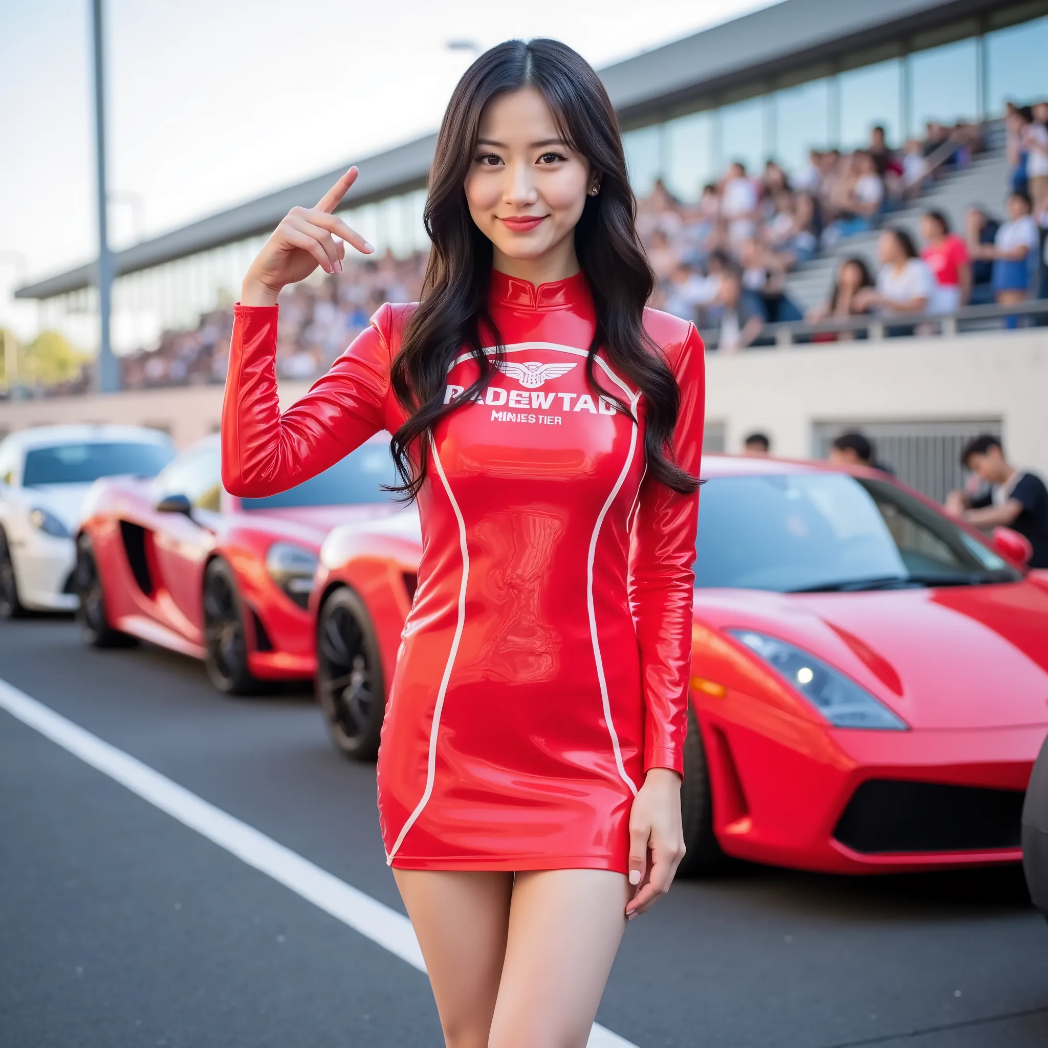 (top quality, highest resolution, Ultimate Masterpiece), (HIGHLY DETAILED HYPERREALISTIC RAW PHOTO:1.10), ((4 Japanese Idols Cute and Extremely Beautiful Race Queen:1.10))),  Ultra-clear focus, Tight Race Queen Costume Perfect for the Skin, Minipuskirt, wa...