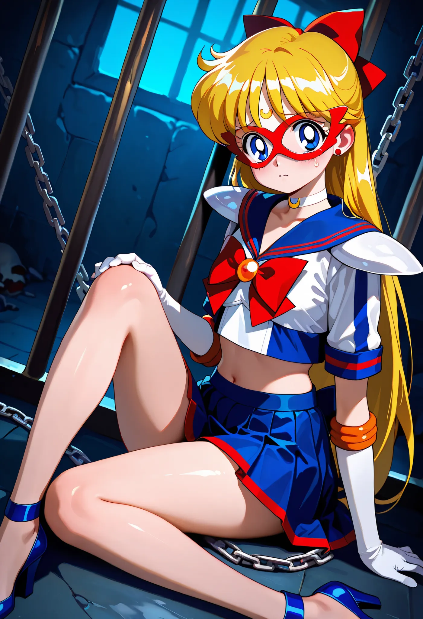 masterpiece,best quality,amazing quality,1990s \(style\),aino minako,sailorv,sailor v,blonde hair,long hair,hair bow,blue eyes,crescent facial mark,forehead mark,earrings, mask,magical girl,sailor senshi uniform,white choker,crop top,red bow,jewelry,midrif...