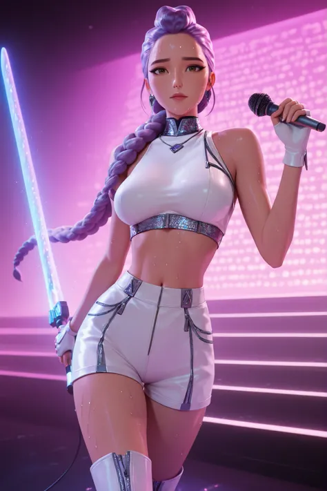 white shorts, midriff, white sleeveless crop top, jewelry, white boots, holding microphone, white fingerless gloves, holding weapon, energy sword,,Rum1KP0P, long hair, purple hair, braided hair, brown eyes, tall, 3d, 1girl, solo,looking at viewer, calm exp...