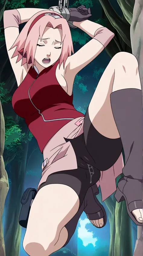 nsfw,score_9,score_8_up,score_7_up,source anime,anime coloring,intricate details,masterpiece,best quality, BREAK haruno sakura,1girl,pink hair,closed eyes,open mouth,short hair,shinobi outfit,gloves,shorts,grey boots,boots,heels,heeled boots,bike shorts,toeless footwear,jacket,sleeveless,black shorts,bare shoulders,skirt,pink skirt,large breasts,side boob,arms above head,bound arms,cameltoe,pussy juice,hanging,chain,forest,masterpiece