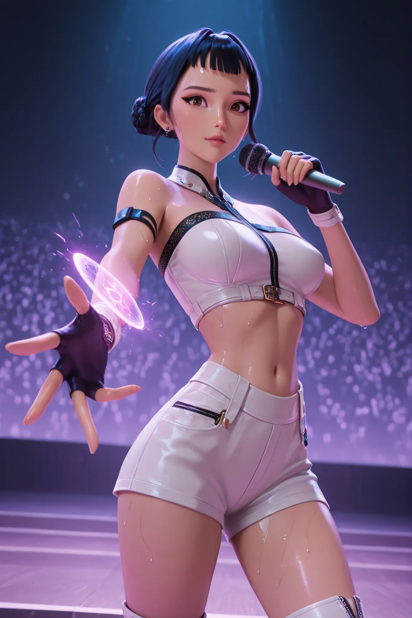 Z03yKP0P, short hair, black hair, hair bun, double bun, bangs, brown eyes, short, 3d, 1girl, solo, white shorts, midriff, white sleeveless crop top, jewelry, white boots, holding microphone, white fingerless gloves, holding weapon, sharp energy dagger, loo...