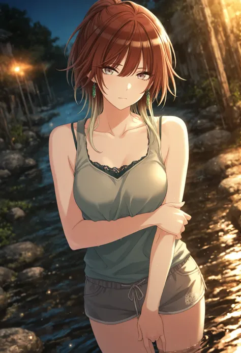  masterpiece,best quality, good quality, ,,outdoors, dark,((cinematic light)), shanimas,  source_anime, aketa mikoto ,solo ,brown hair ,medium hair ,blonde hair ,multicolored hair ,brown eyes ,green blue eyes ,multicolored eyes ,tsurime, ponytail, 1girl, ,...