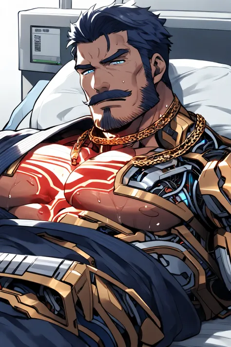 A middle-aged, muscular cyborg samurai, lying down on a bed in the hospital, wearing a dark blue color kimono, Exhausted, mustache, very sweaty body, dark blue hair, light blue eyes, looking at the viewer, his chest is machine, very high heatstroke, wearin...