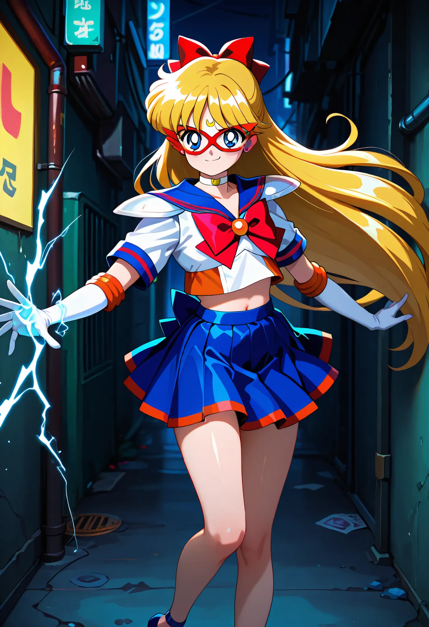 masterpiece,best quality,amazing quality,1990s \(style\),aino minako,sailorv,sailor v,blonde hair,long hair,hair bow,blue eyes,crescent facial mark,forehead mark,earrings, mask,magical girl,sailor senshi uniform,white choker,crop top,red bow,jewelry,midrif...