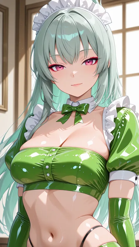 solo, kanzaki_saya,  long hair, mature woman, Tight waist、Small waist、shiny Skin ,  (upper body), light smile, green micro latex maid,from front,looking at viewer,
