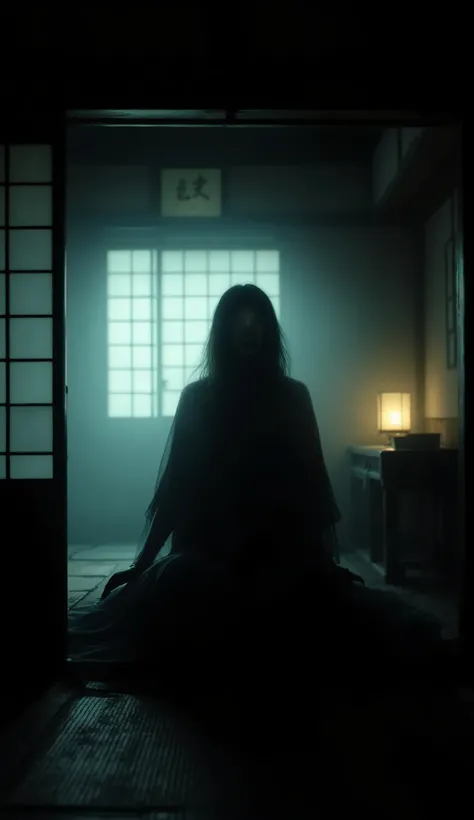 Blurry, shadowy female figure in a dark corner of a Japanese room, almost invisible, horror movie style, disturbing atmosphere