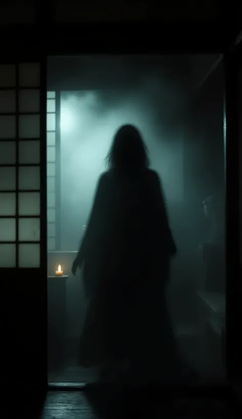 Blurry, shadowy female figure in a dark corner of a Japanese room, almost invisible, horror movie style, disturbing atmosphere