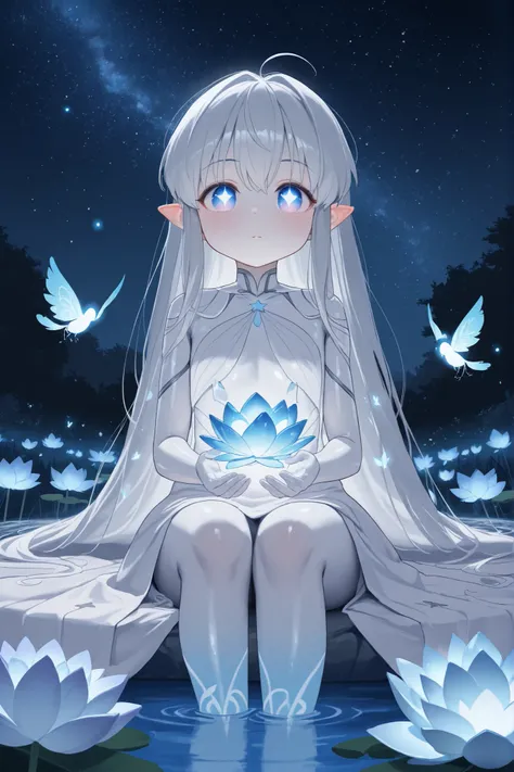 Masterpiece, Ultimate Details, 8K quality, Little Fairy, Blue Glowing Feathers, Silver White Hair,  Star-like Eyes , Crystal Clear Decor, Moonlit Skin, Sitting on a Blue Lotus, Pond at night,  Firefly Light, Magical Particles, Mysterious Atmosphere