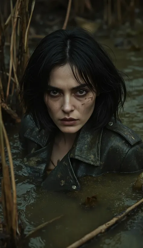 Phoebe Tonkin,artistic portrait, ugly mature Phoebe Tonkin over 50. withered, turns stuck in sludge murky vegetation mud, black bob haircut. dirty messy leather biker jacket and leather biker tight flared pants. Tormented in lust ,reeds, polluted duckweed ...