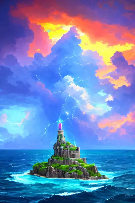 A lone Atlantean tower built on an islet, up out of the sea. Bright colors, rain storm. Various harmonious clouds, Strong perspective, Strong depth, Strong sense of depth and proximity, Strange graphics, Strong impact, Strong sense of color and light.