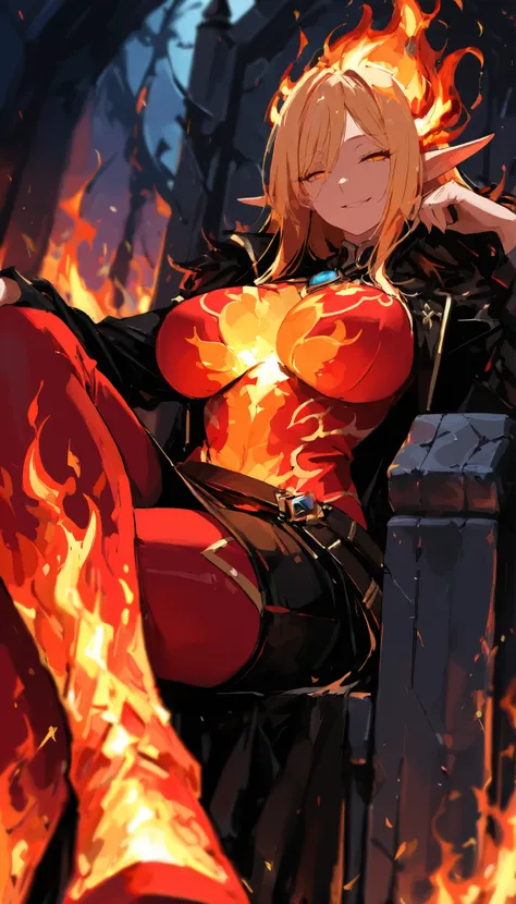 score_9, score_8_up, score_7_up, ((masterpiece)), (best quality), solo, a flame elf, Half closed eyes, burning head, hair made by burning flame, contemptuous smile, fire body, sit on the throne, style: midjourney, Two-point perspective, depth of field, dev...