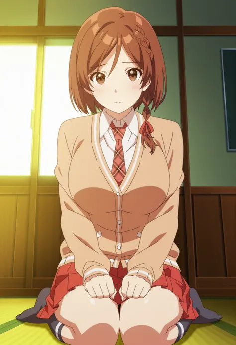 Sakuraimori Akane,solo, 1girl, brown eyes, akanesak, curvy, short brown hair, looking_at_viewer, blush, long hair, closed_mouth, skirt, brown_hair, ribbon, brown_eyes, sitting, school_uniform, hair_ribbon, braid, pleated_skirt, necktie, socks, kneehighs, s...