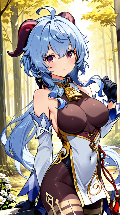 masterpiece,highres,best quality,highres,ultra-detailed,4K,source_anime,1girl,solo,ganyu,outdoors,forest,cowboy shot,looking at viewer,blue_hair,ahoge,purple eyes,goat horns,sidelocks,very long hair,bare shoulders,bodystocking,detached sleeves,gold trim,ne...
