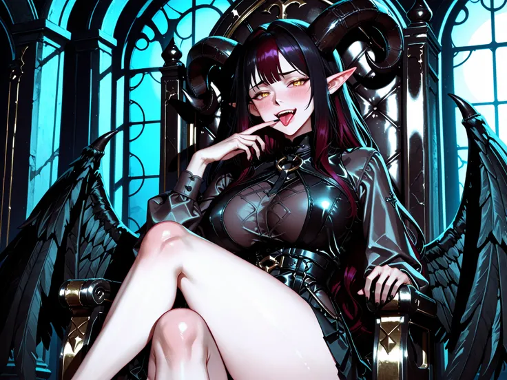 Elf ears, female elf, at the night, very dark room, ray of moonlight, sitting on the Throne,  crossing legs, dark color hair, growing golden eyes, gazing, have big horns on the head, wearing dark thin clothes, have black wings on back,  blushing, sighing, ...