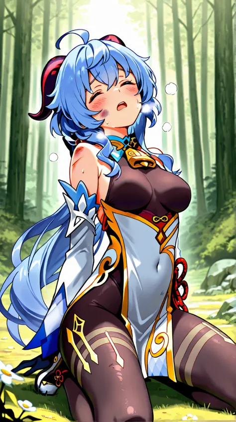 masterpiece,highres,best quality,highres,ultra-detailed,4K,source_anime,1girl,solo,ganyu,outdoors,forest,cowboy shot,looking at viewer,blue_hair,ahoge,closed eyes,goat horns,sidelocks,very long hair,bare shoulders,bodystocking,detached sleeves,gold trim,ne...