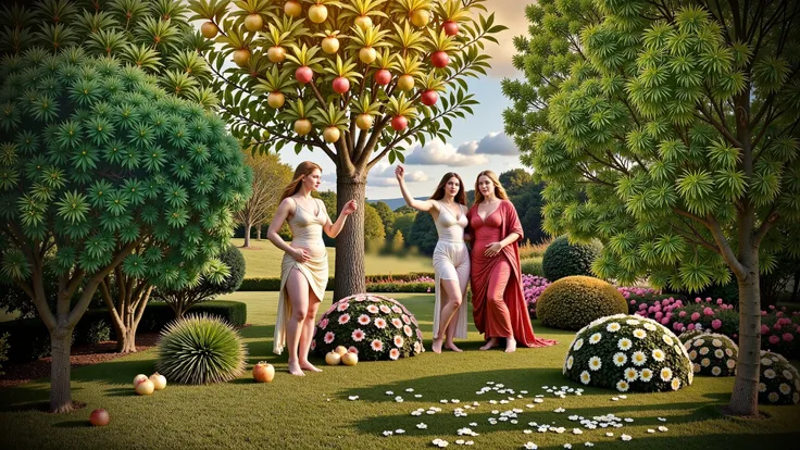 An enchanted garden bathed in the golden light of dusk, filled with leafy trees with gleaming leaves and golden fruits—magical apples that shine like tiny suns. In the center, three nymphs—the Hesperides—dance gracefully among exotic flowers, their flowing...