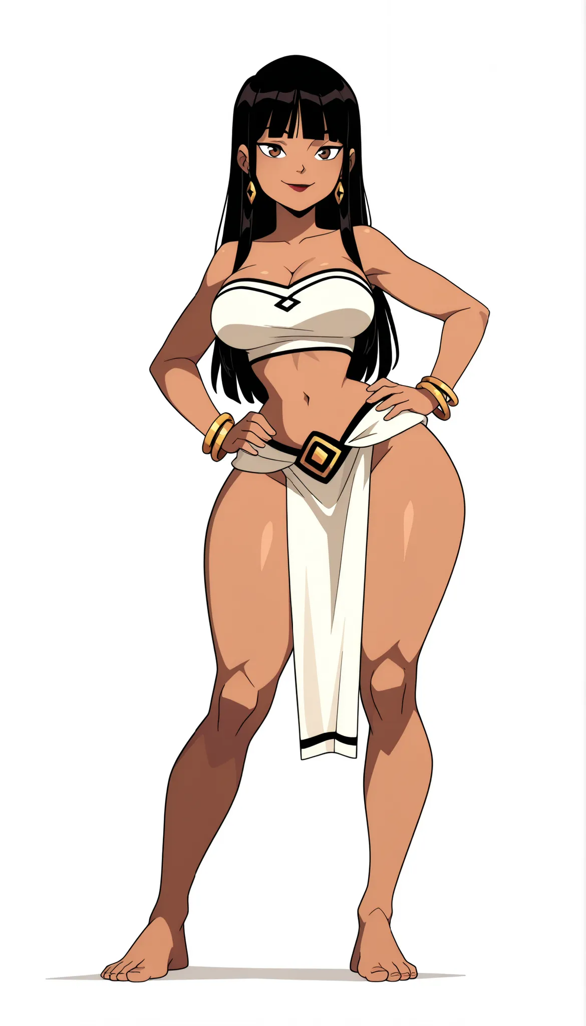 masterpiece, best quality, very aesthetic, absurdres,
1girl, chel, black hair, long hair, blunt bangs, brown eyes, dark skin, lipstick, 
tube top, cleavage, pelvic curtain, bare shoulders, bracelet, earrings, midriff, narrow waist, navel, thick thighs, wid...