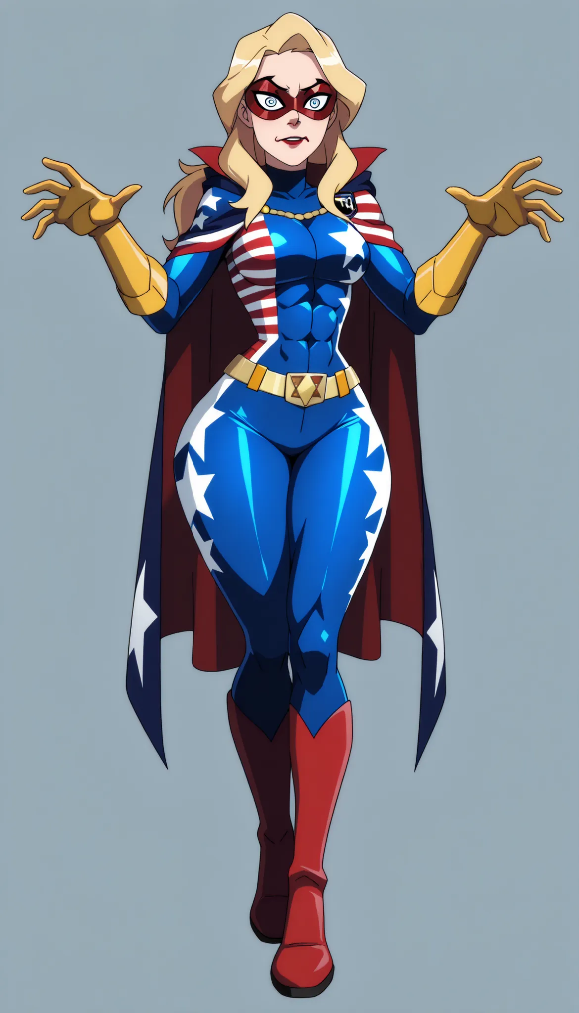 (High Quality), 1Girl, Solo, (Mature woman), (red lipstick), (haughty expression), (blue eyes), (blond hair), (long hair), (American flag themed hero suit) (navy blue skintight hero bodysuit with red lines), (Full Body Hero Suit), (American Flag Cape), (He...