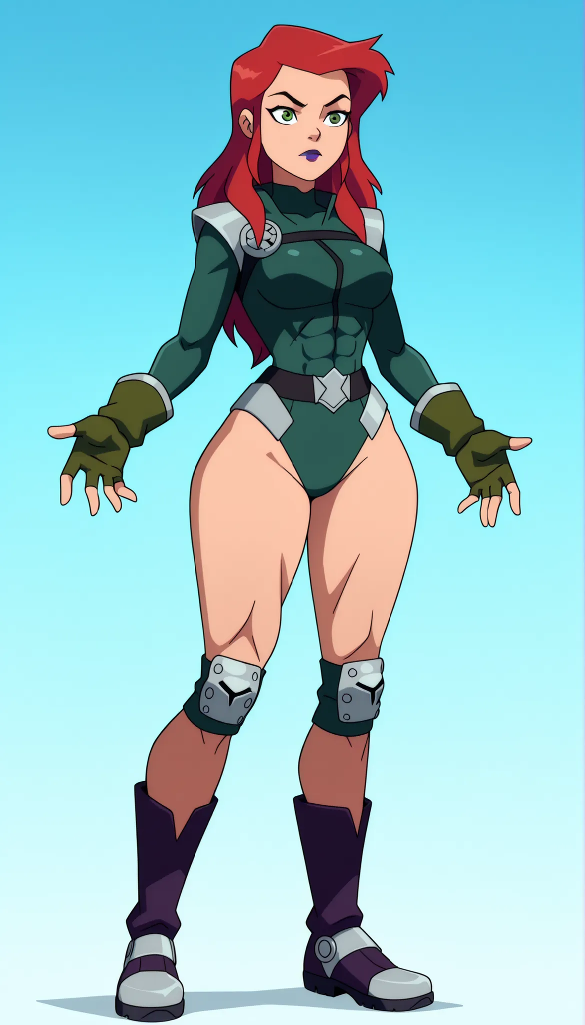 (1girl), Solo, Redhead, long hair, green eyes, purple lipstick, Green tight-fitting long-sleeved leotard, Green tight-fitting leotard, Long-sleeved tight-fitting leotard, tight-fitting leotard, (Bare legs), Wide thighs, wide calves, fingerless green gloves...